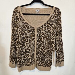 Worthington Leopard Print Cardigan Scoop Neckline Size Large